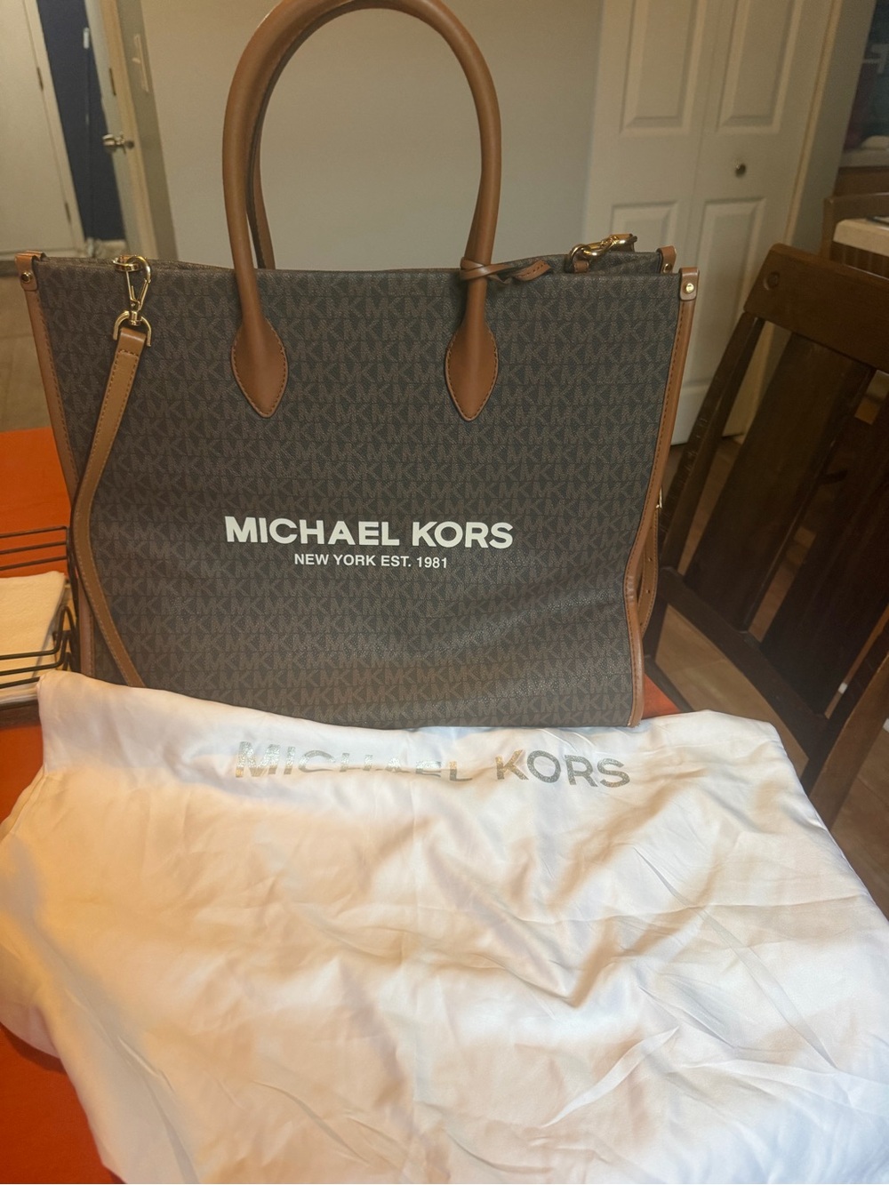 Michael Kors Brown and Tan Logo Messenger Tote